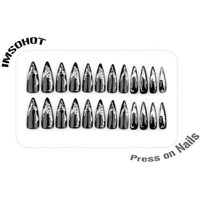 IMSOHOT Press on Nails – 3D Silver Edge, Long Stiletto Fake Nails Black Ombre Glossy Full Cover Reusable Acrylic Glue on Nails Y2K Goth Gel False Nails