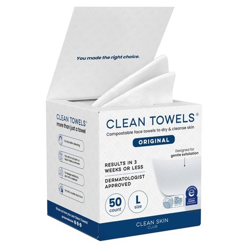 Clean Skin Club Clean Towels® Large, 100% USDA Biobased Face Towel, Disposable Face Towelette, Eczema Association Accepted, Makeup Remover Dry Wipes, Ultra Soft, 1 Pack, 50 Ct