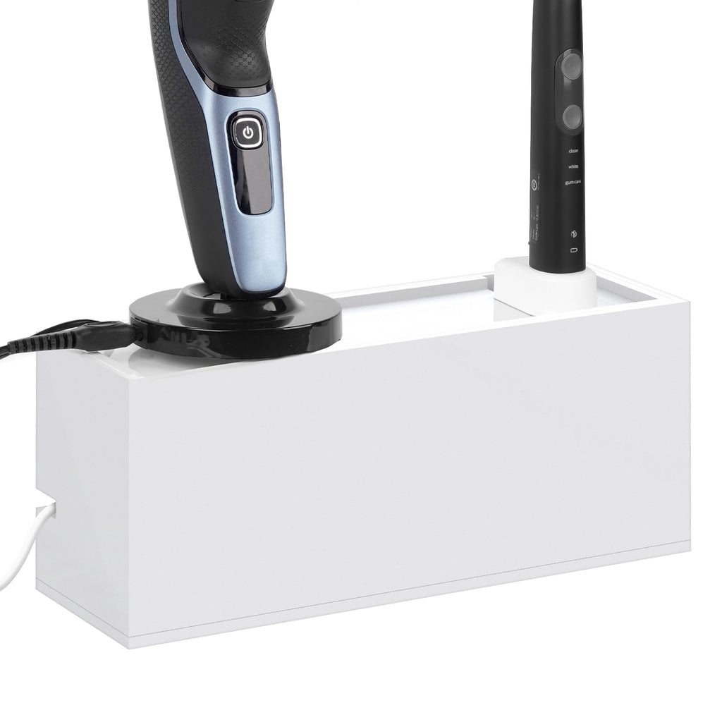 Linkidea Acrylic Cable Organizer Box for Bathroom Countertop, Cord Management for Electric Toothbrush & Razor Chargers, Fits 1-2 Small Charging Heads Only (White)