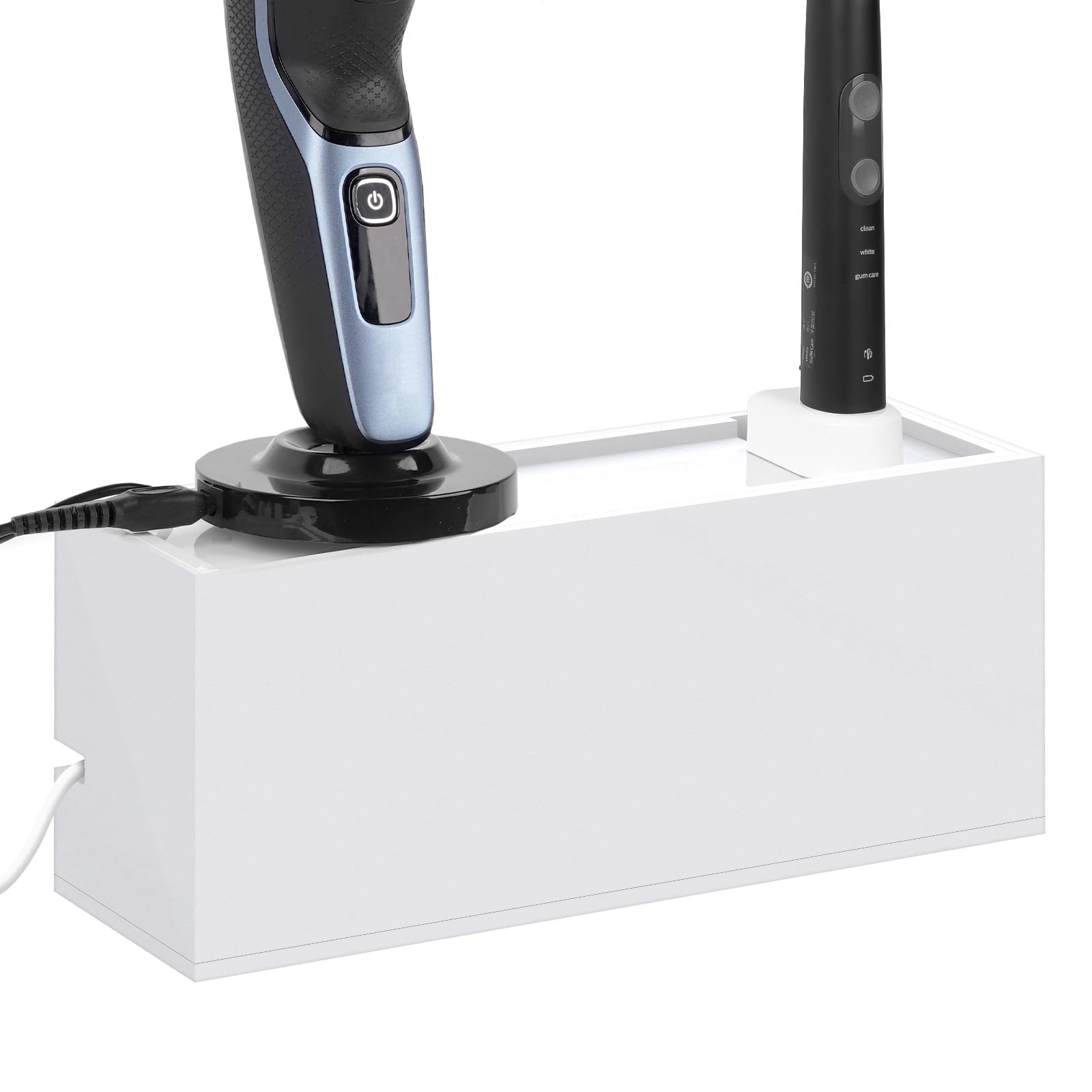 Linkidea Acrylic Cable Organizer Box for Bathroom Countertop, Cord Management for Electric Toothbrush & Razor Chargers, Fits 1-2 Small Charging Heads Only (White)