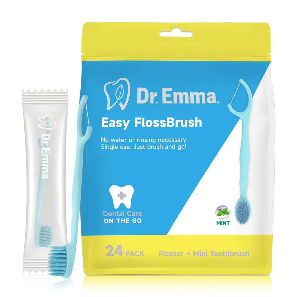 Dr. Emma Mini Brush Disposable Toothbrushes with Floss, Travel Mint Toothbrush for On-the-Go Use, 24 Packs Individually Wrapped Small Portable Toothbrush, Blue