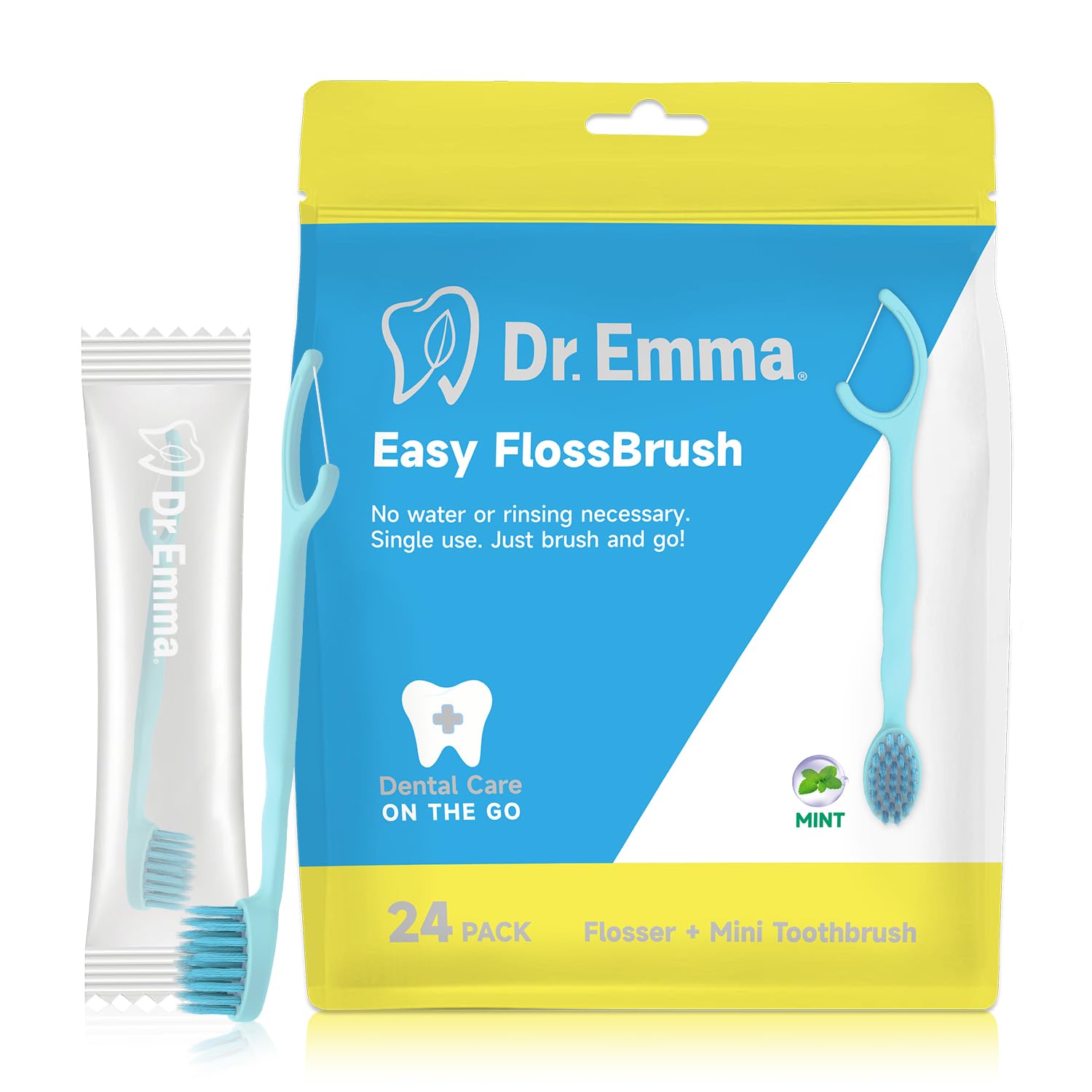 Dr. Emma Mini Brush Disposable Toothbrushes with Floss, Travel Mint Toothbrush for On-the-Go Use, 24 Packs Individually Wrapped Small Portable Toothbrush, Blue