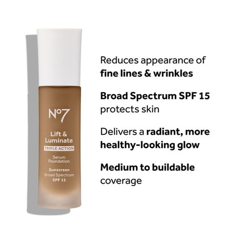 No7 Lift & Luminate Serum Foundation - SPF 15 Liquid Makeup for Dewy Glow - Radiant Formula for Mature Skin - Cool Vanilla (1 Fl Oz)