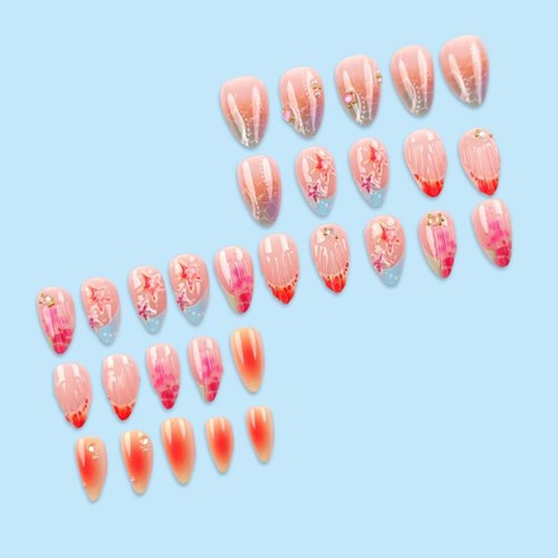 Summer Press on Nails Short Almond Fake Nails with 3D Starfish Pearl Designs Blue French Tip Nails Press ons Glossy Glue on Nails Gradient Acrylic Nails Nude Stick on Nails for Women 24Pcs