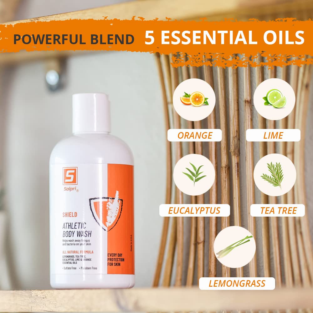 Solpri Shield Tea Tree Body Wash for Athletes | Sulfate Free Body Wash | Odor Control with Lemongrass & Eucalyptus Oils | 8 oz