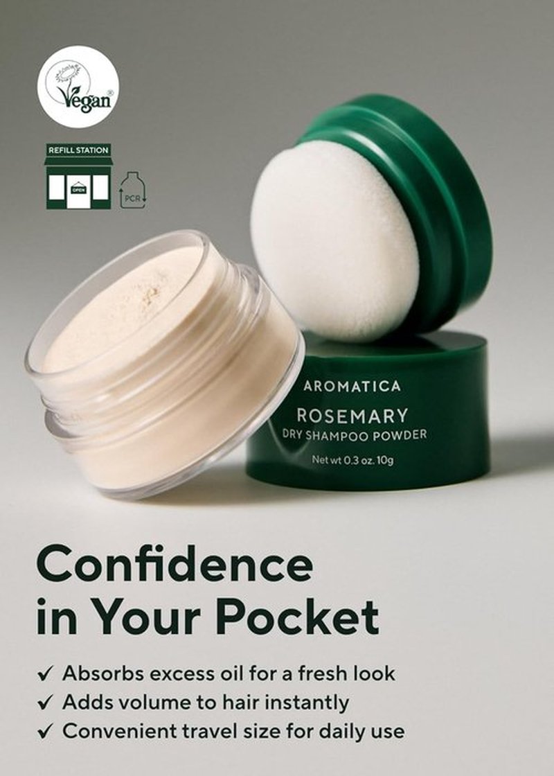 Aromatica Rosemary Dry Shampoo Powder - Travel Size 10g | Volumizing, Oil-Absorbing, Talc-Free Hair Care