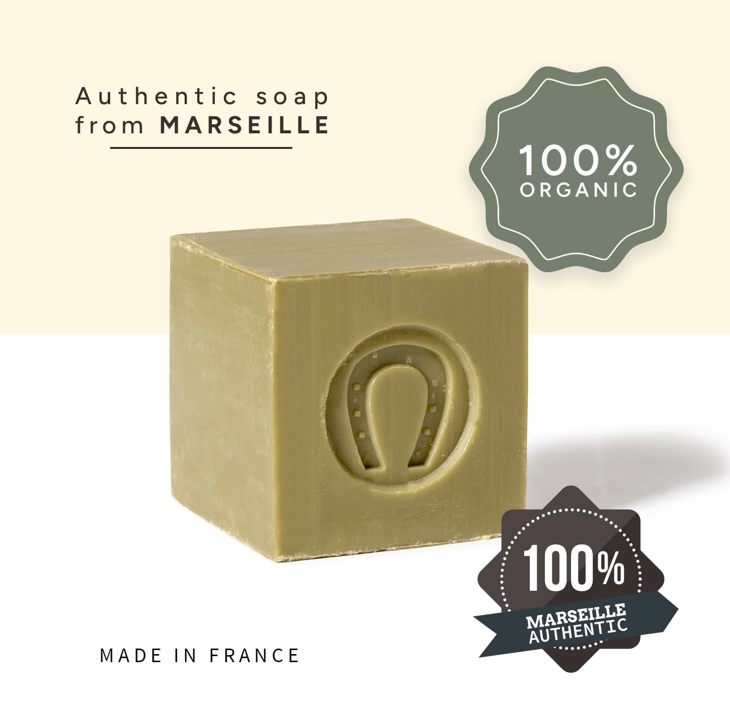 Fer à Cheval Pure Olive Authentic Savon De Marseille Soap Bar - 100% Natural, Hypoallergenic, Pack of 4 - Crafted in Cauldrons with French Olive Oil - Palm Oil Free & Eco-Friendly, 100g/3.53oz