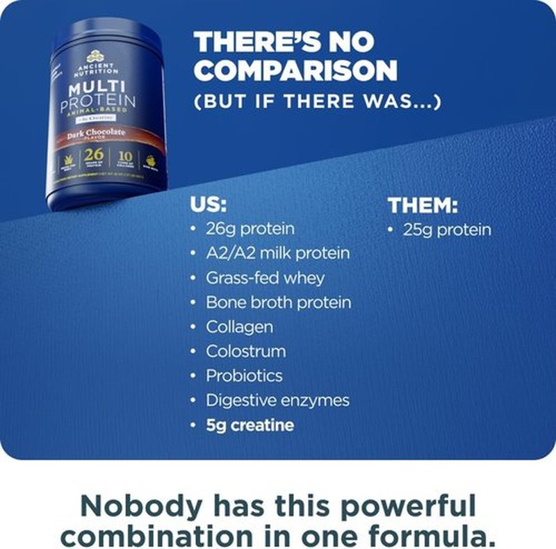 Ancient Nutrition Multi Protein Powder - 26g Protein, Grass Fed Whey & Creatine, Dark Chocolate, 15 Servings
