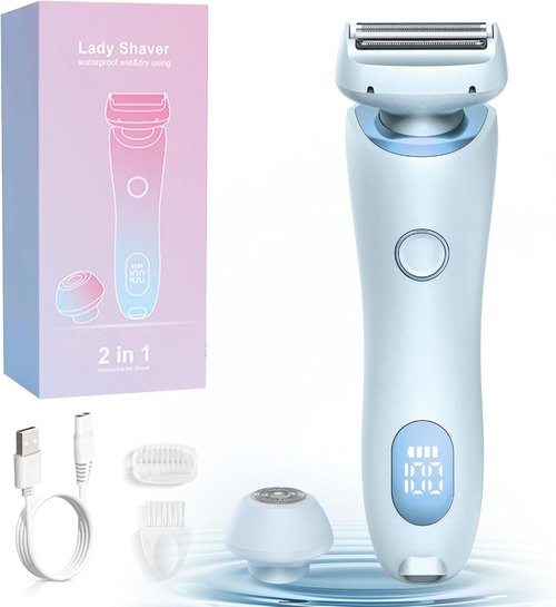 Skiennix Electric Shaver for Women - Painless 2-in-1 Wet & Dry Waterproof Razor with 2 Heads | Rechargeable for Bikini, Legs, Underarms (Blue)