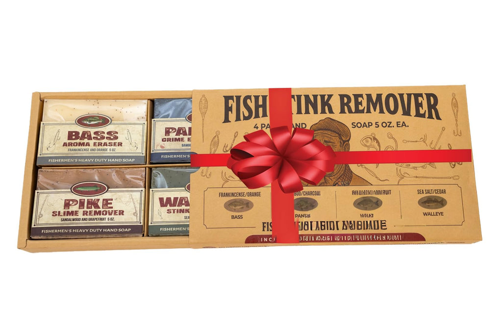Father's Day Fishermen - 4 Pack Natural Heavy Grit Soap Gift Set – Great Smelling hand & body soap for fishermen. Includes topwater lure and soap sleeve. Fishing Gift Dad Father's Day, Birthday