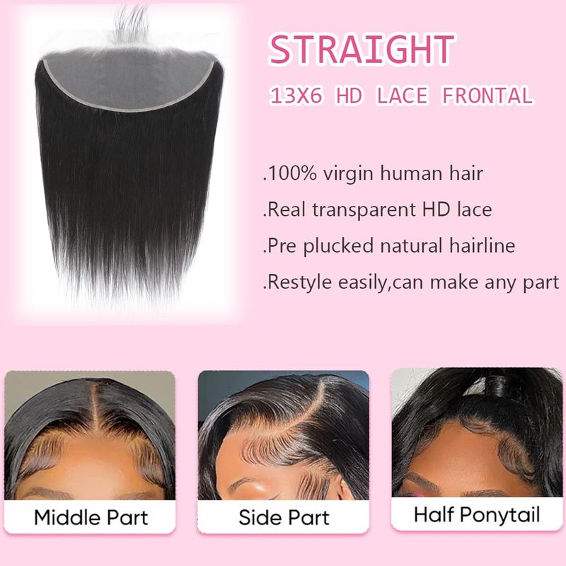 YOMIO 13x6 Lace Frontal HD Lace 12 Inch Straight Human Hair Frontal 12A Grade Brazilian Virgin Human Hair Frontal Pre Plucked with Baby Hair 150% Density Natural Black Color