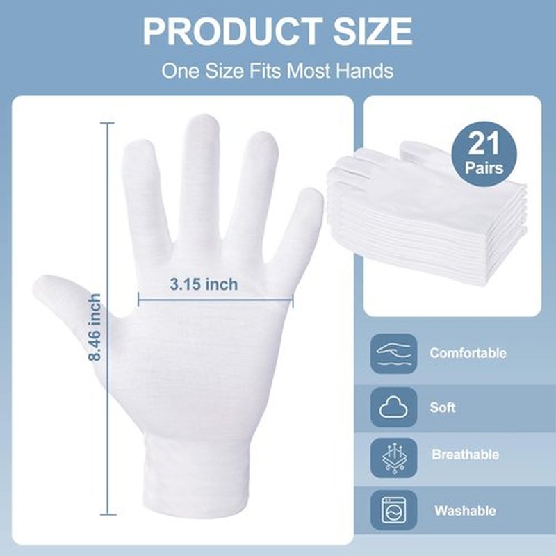 42-Pack White Cotton Gloves, for Dry Hands Sleeping Eczema Care and Night-Time Moisturising, Unisex Soft Sleep Elastic SPA Glove Set, Jewellery Inspection, Arts Crafts, Wedding, Halloween Costumes