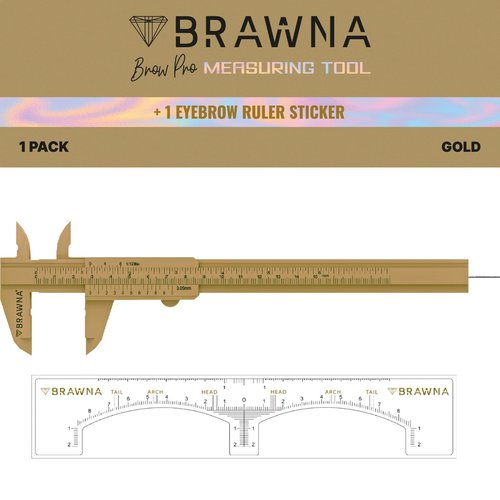 BRAWNA Brow Pro Measuring Tool - Double Scale Eyebrow Ruler for Microblading, Brow & Makeup Artists - Eyebrow Caliper Ruler Plastic- Gold