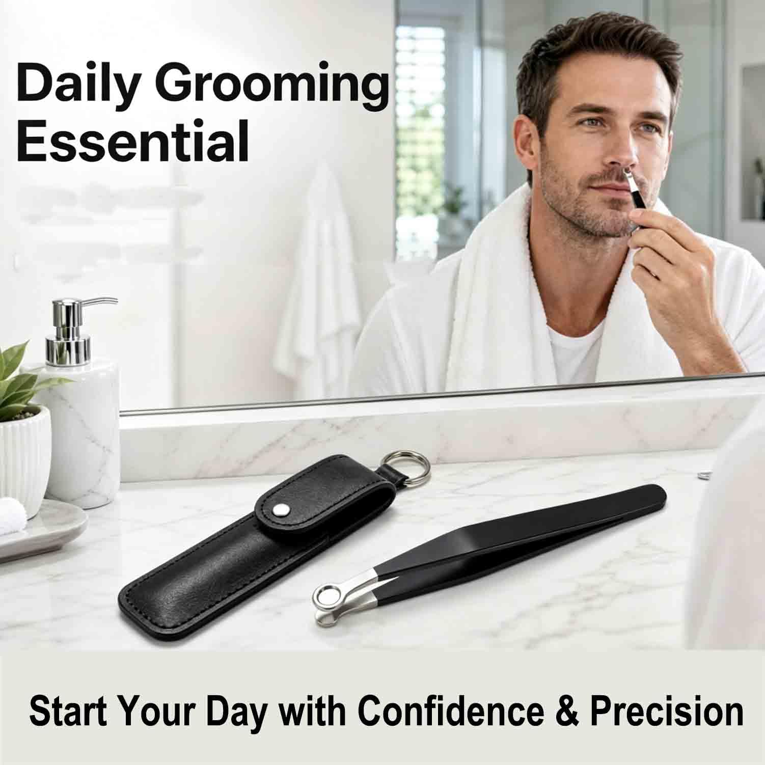 Liangery Nose Tweeezers, Manual Nose Hair Trimmer for Men- Stainless Steel Precision Blades with Leather Case, Nasal Hair Cutter Tweezers for Eyebrow, Ear & Facial Hair Grooming Tool (Black)