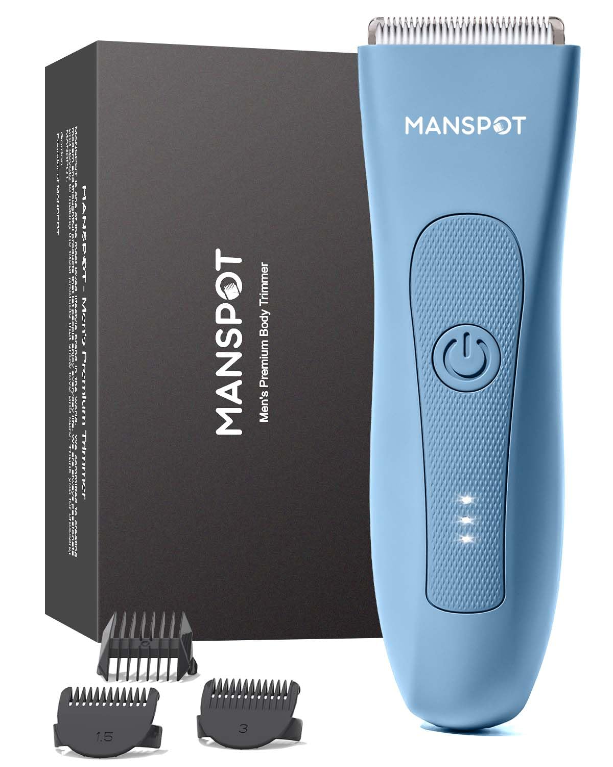 MANSPOT Pubic Hair Trimmer for Men(Bluebell-Blue), Replaceable Ceramic Blade Heads, Waterproof Wet/DryTrimmer for Men, 90 Minutes Shaving