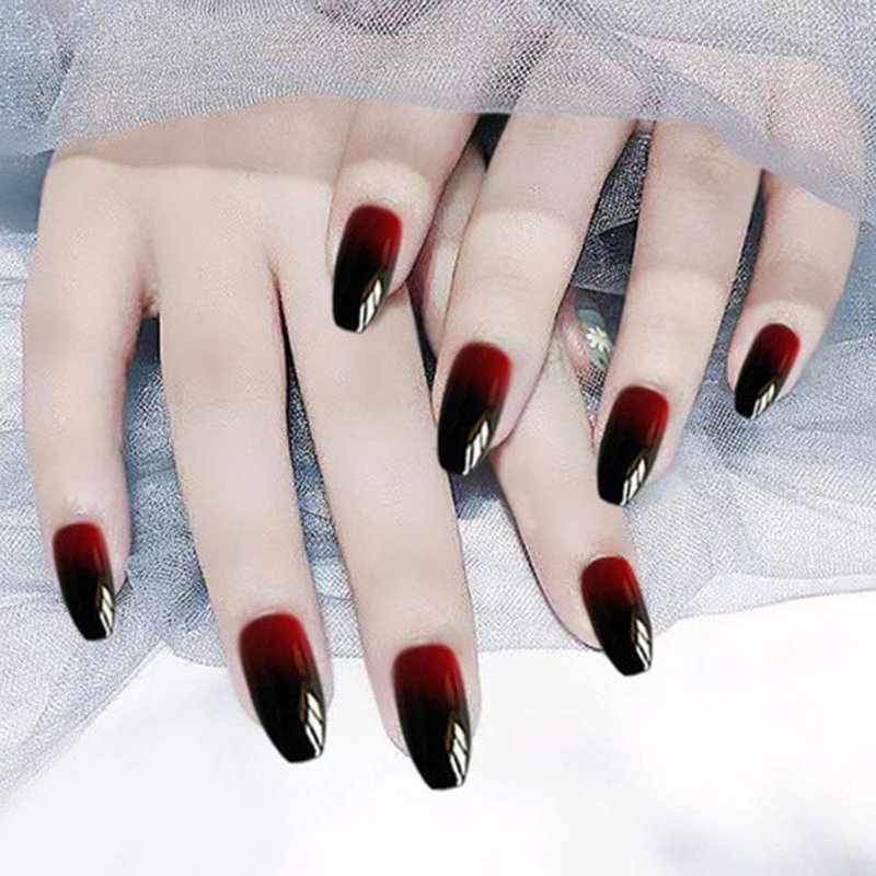 Zehope Glossy Press on Nails Black Coffin Fake Nails Halloween Ombre Full Cover Acrylic False Nail for Women and Girls (24Pcs) (Red Black)