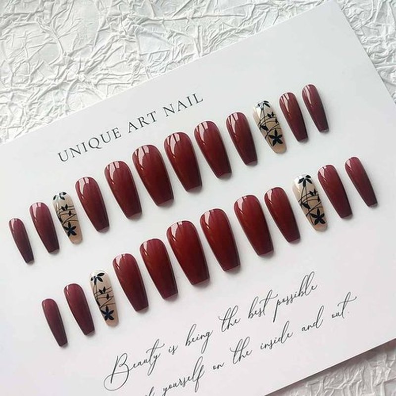 RikView Long Press Acrylic Nails - Red Coffin Fake Nails with Fall Design, Full Cover, 24 PCS/Set