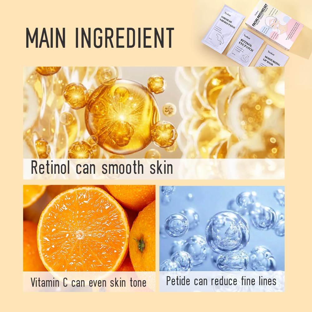 Yeokoe Forehead Wrinkle Patches,Under Eye Patches and Lip Mask 30 PCS. Face Masks Skincare With Retinol Serum For Anti-aging Puffy Eyes and Dark Circles