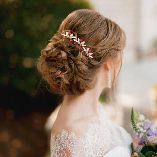 Dizila 7 Pieces Decorative Red Party Prom Wedding Bridal Rhinestone Hair Side Comb+U-shaped Hair Pins Accessories for Women Girls Brides Bridesmaids