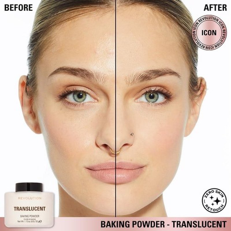 Revolution, Loose Baking Powder, Makeup Setting Powder, Long-Lasting Coverage, Mattifies & Reduces Shine, Translucent, 1.12 oz