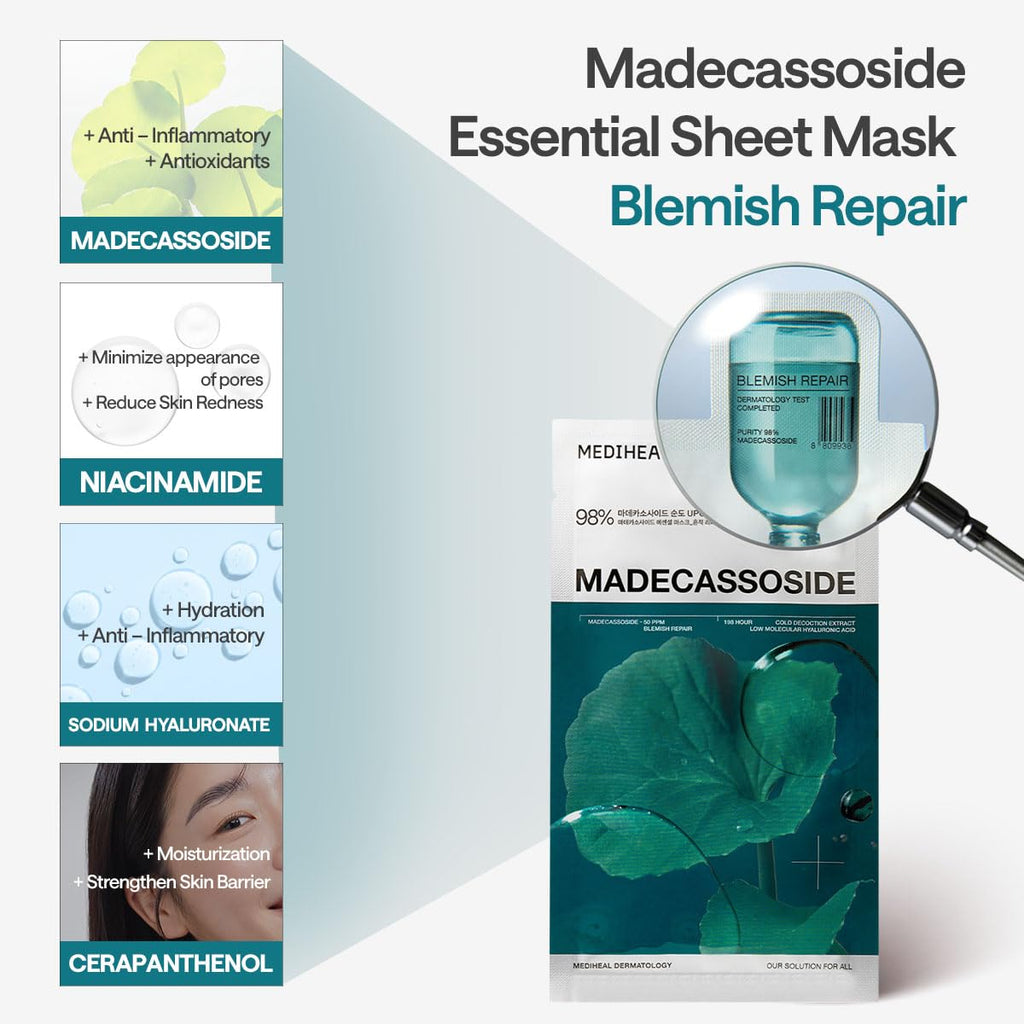 Mediheal Essential Face Mask [Madecassoside] Blemish Repair 4 pcs. with 98% Purity Madecassoside & Hyaluronic Acid - Soothing Care, Hydrating- Travel Essentials, Vegan Formula Korean Sheet Mask