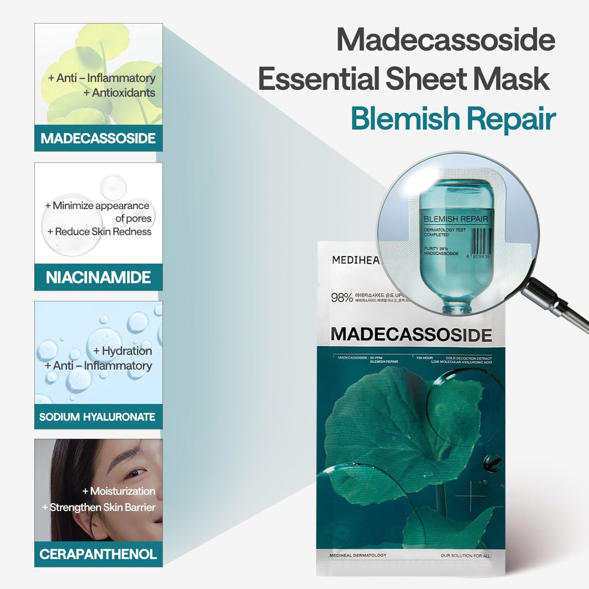 Mediheal Essential Face Mask [Madecassoside] Blemish Repair 4 pcs. with 98% Purity Madecassoside & Hyaluronic Acid - Soothing Care, Hydrating- Travel Essentials, Vegan Formula Korean Sheet Mask