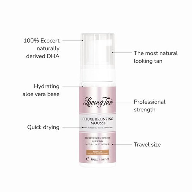 Loving Tan Deluxe Bronzing Mousse - Streak Free, Natural looking, Professional Strength Sunless Tanner - Up to 5 Self Tan Applications per Bottle, Cruelty Free (Mini Kit (Medium))