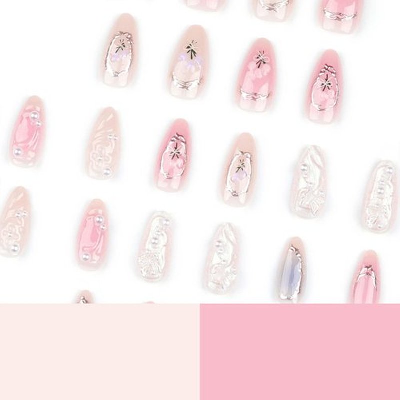 Rilafuvu Short Press-on Nails - Almond, Pearl, 3D Butterfly & Wave Acrylic, Floral Nail Art, Nude, 24pcs