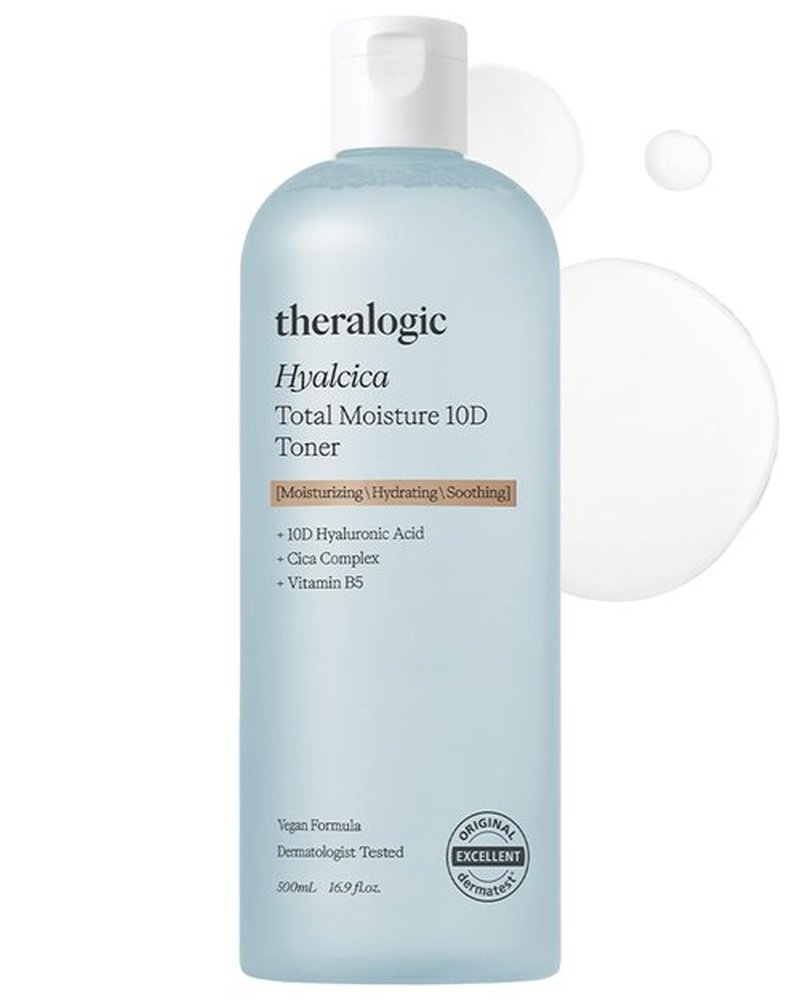 Theralogic Hyalcica Total Moisture 10D Toner - Vegan Moisturizing Soothing Korean Face Toner with 10 Hyaluronic Acid and CICA - Low pH Face Toning Water - Derma Tested, 16.9 fl.oz.