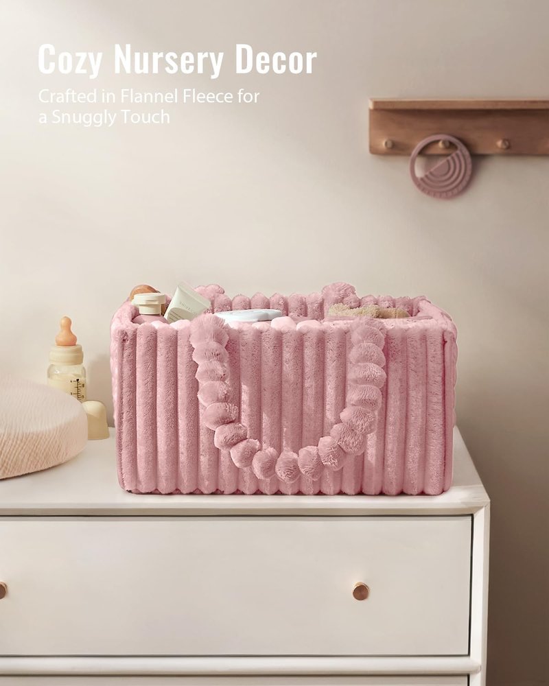 Blissful Diary Flannel Diaper Caddy Organizer - Cozy Nursery Storage Basket in Blush Pink | Perfect Baby Shower Gift