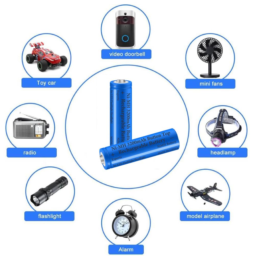 6 Pack 3200 mAh Battery Ni-MH Rechargeable, Button Top NiMH Batteries, High Capacity Battery for LED Flashlight, Headlamp,Camera, RC Car, Mini Fans, etc, with Storage Box, Blue
