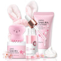 Skincare Set Sakura Teen Girls Gifts - Skin Care Set - Skincare for Teens 10-12 Hydrating - Travel Size Facial Kit for Women with Cleanser,Serum,Cream,Bunny Headband,Cleansing Brush（5pcs）