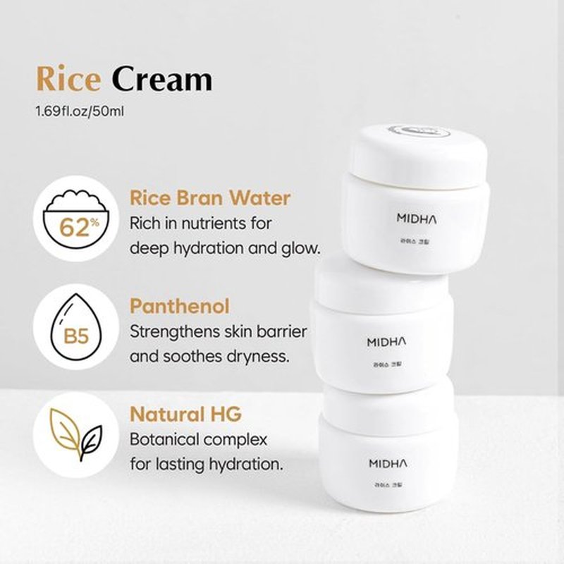 MIDHA Rice Cream - Deep Hydration & Glow-Enhancing Moisturizer | 1.69fl.oz/50ml for Radiant Skin