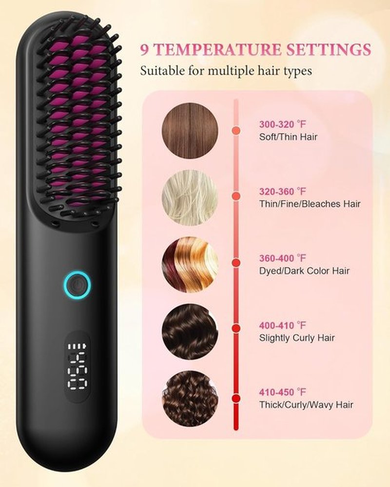 Cordless Hair Straightening Brush, Portable Straightening Brush for Travel，Plasma Fast Heating Mini Thermal Hair Straightening Comb with LCD Display, Ceramic Coated Anti-Hot, Black