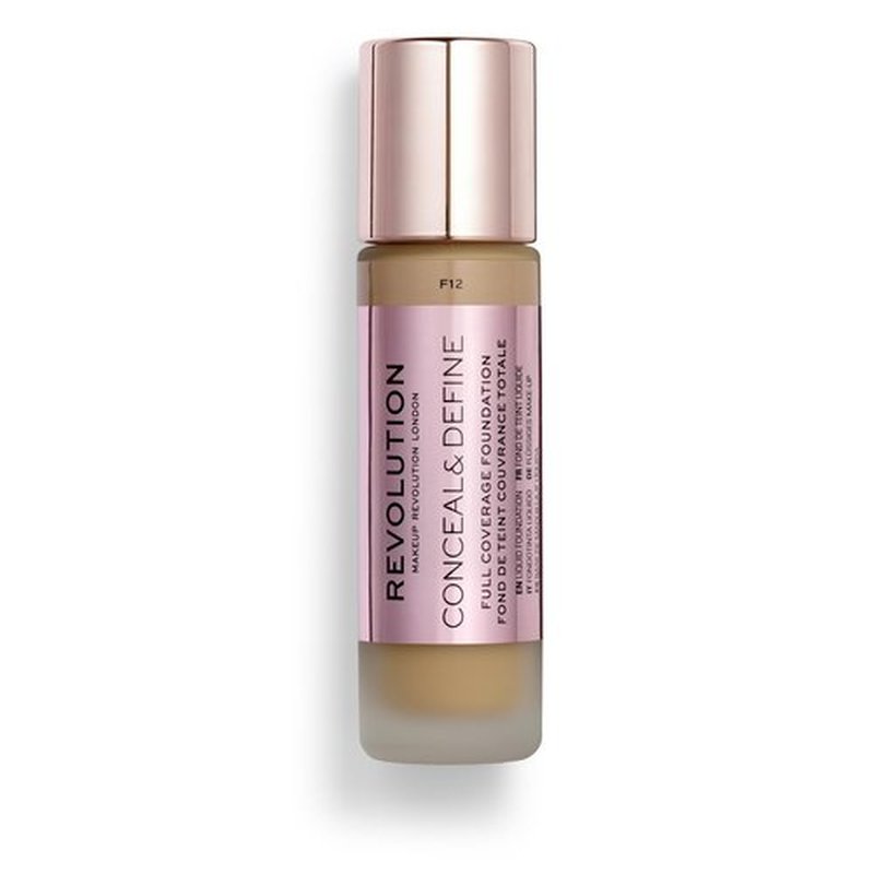 Revolution, Conceal & Define Foundation, Full Coverage, Long-Lasting Matte Finish, Vegan & Cruelty-Free, F12 Medium to Dark Skin Tones, 0.8 fl oz