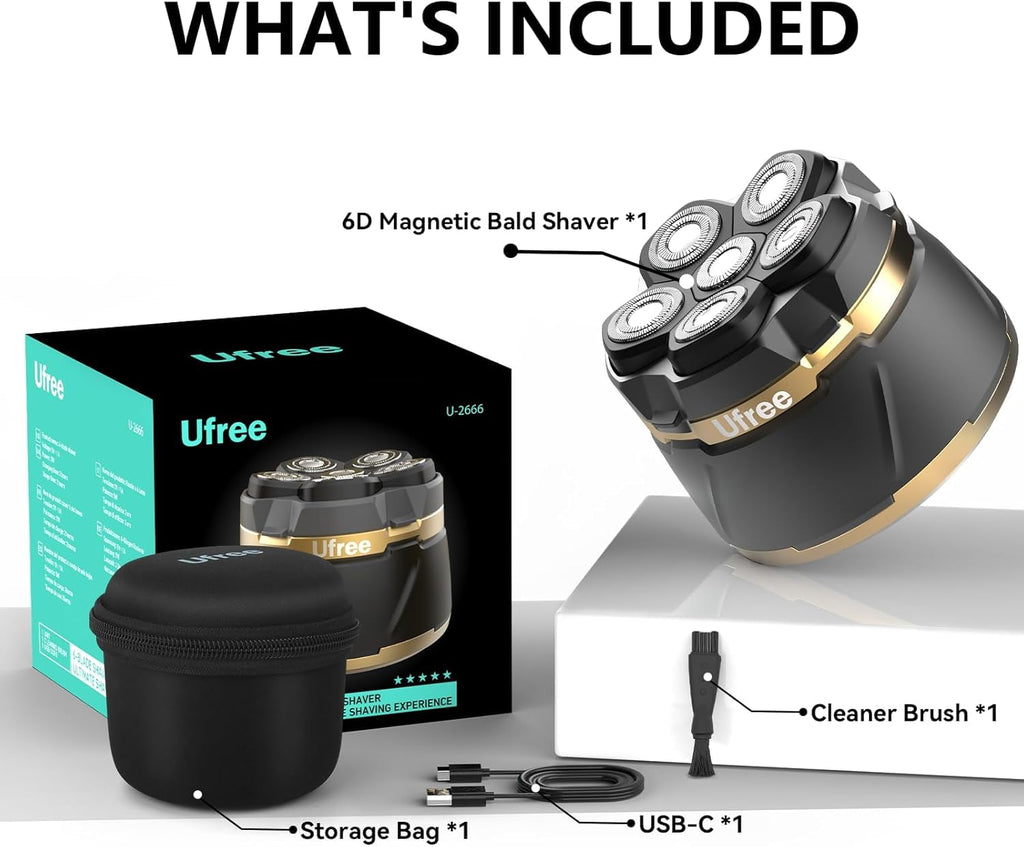 Ufree Head Shavers for Bald Men - Waterproof Bald Head Shaver with Travel Pouch, Detachable Rotary Blade for Clean Shave, Electric Razor with LED Display, Wet/Dry