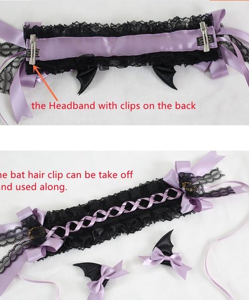 CoBtee Gothic Lolita Headdress Lace Devil Horns Headbands Hair band Hair Accessories Headwear Halloween Party (bat Headbands/white)