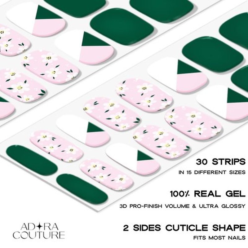 Adora Couture Semi Cured Gel Nail Strips with 30 Pieces, Salon Quality Wraps for Women, Beautiful Deep Green with Floral Accents UV Gel Stickers, UV Light Required, Petal Grove