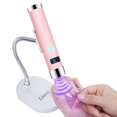 Linssy Mini UV Light for Nails with Auto Sensor & Gooseneck Stand,Portable Cordless Nail Lamp Flash Cure Lamp with LCD Display,Handheld UV Light for Gel Nails at Salon & Home Use (Pink)