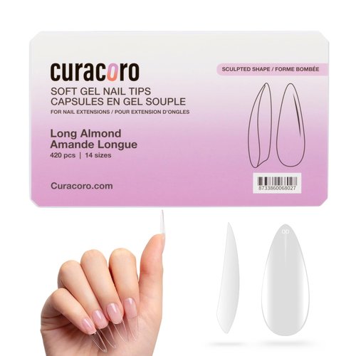 Curacoro Sculpted Long Almond Gel Nail Tips 420Pcs, Clear Full Cover Soft Acrylic Tips 14 Sizes, Easy to Use, Long-Lasting, Glossy Finish