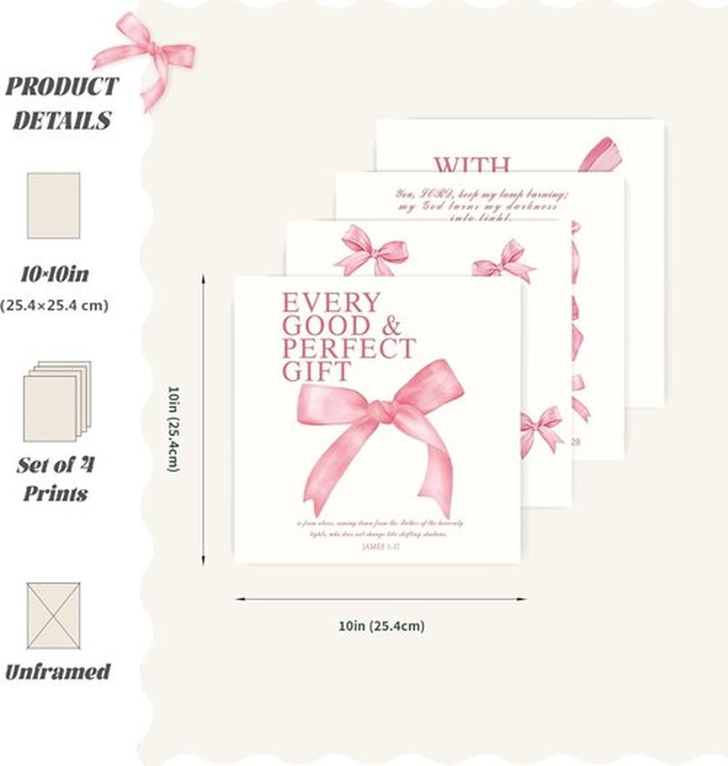 LARTSFRO Coquette Pink Bow Wall Art - Aesthetic Decor for Teen Girls | Set of 4 Unframed 10x10 Inch Prints