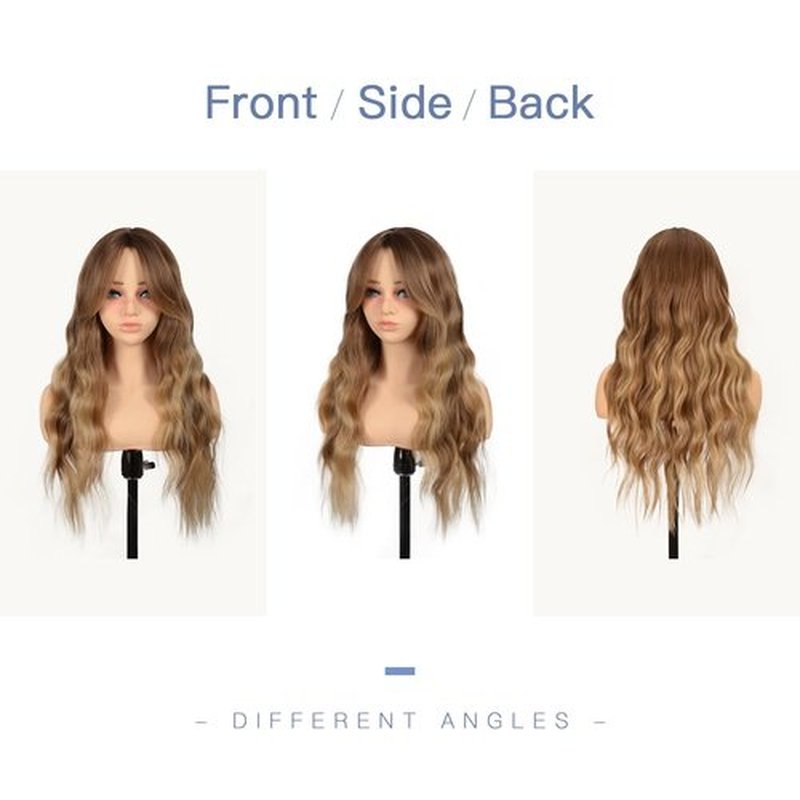 BrittyHair Long Wavy Honey Blonde Wig with Curtain Bangs for Women 26 Inch Curly Wavy Synthetic Wigs Natural Looking Heat Resistant Synthetic Wavy Wig for Daily Party Halloween Cosplay Use
