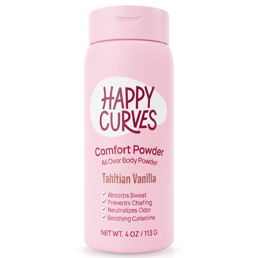 HAPPY CURVES Comfort Powder: Talc Free Anti Chafe Body & Foot Dusting Powder Deodorant for Inner Thigh Chafing, Private Areas, and All Over Body for Women 4oz (Pack of 1), Tahitian Vanilla