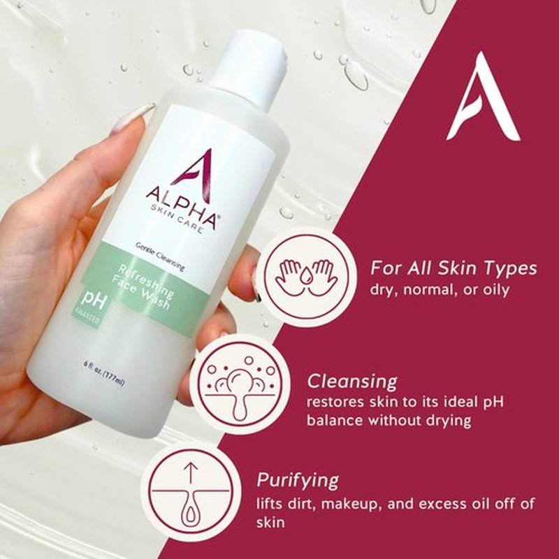 Alpha Skin Care Refreshing Face Wash, Gentle Soap-Free Formula, Citric AHA, Cleanses, Purifies, Tones & Restores pH, All Skin Types, Removes Make-Up & Oil, Anti-Aging Ingredients, 6 Oz, Pack of 2