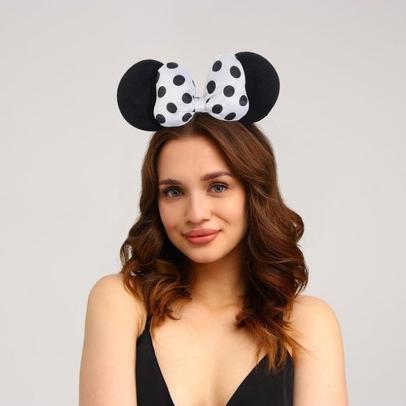Jeffan Mouse Ear Headband with 3D Cotton Bow, Polka Dot Bow Mouse Party Costume Accessories for Women Girls (Black)