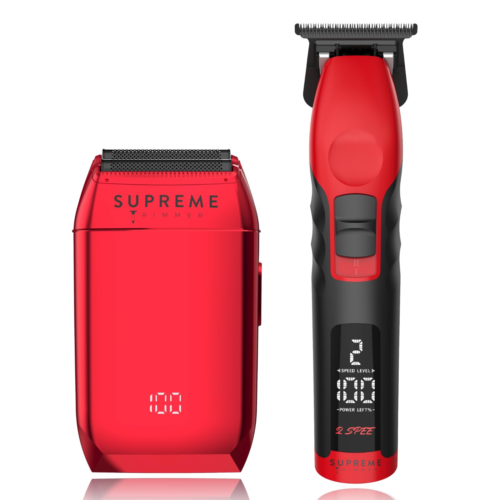 Supreme Trimmer Crunch Foil Shaver & 2Spee Trimmer Barber Hair Cutting Kit | Cordless Beard & Mustache Trimming Set | LCD Battery Displays, Removable Blade Design, Waterproof Shaver (Red)