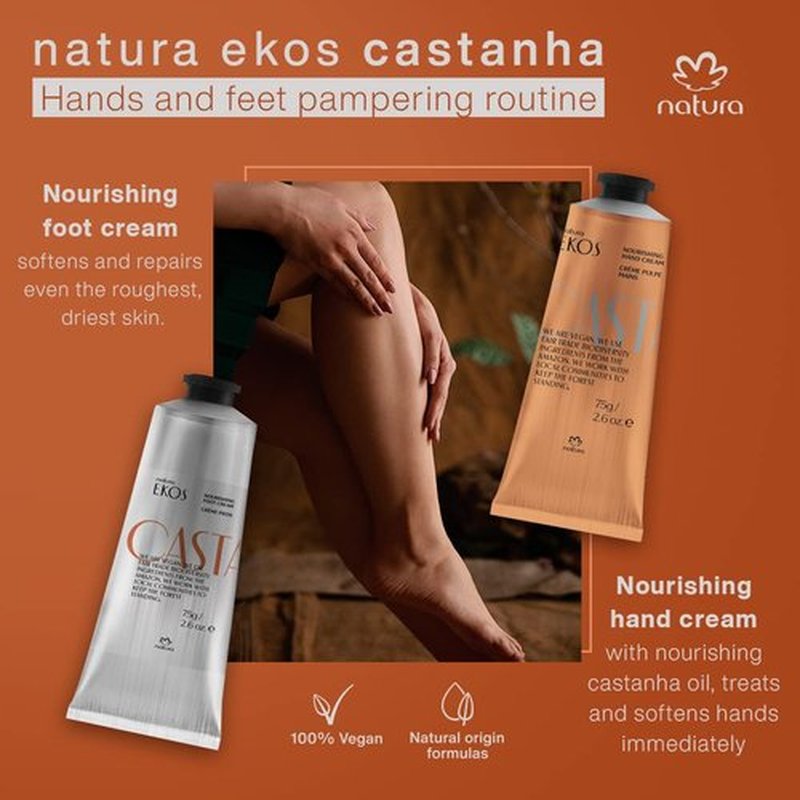 Natura Castanha Hand & Foot Cream Duo - Nourishing Brazil Nut Oil Set for Deep Hydration | Vegan & Cruelty-Free - 2 x 2.6 oz (75g)
