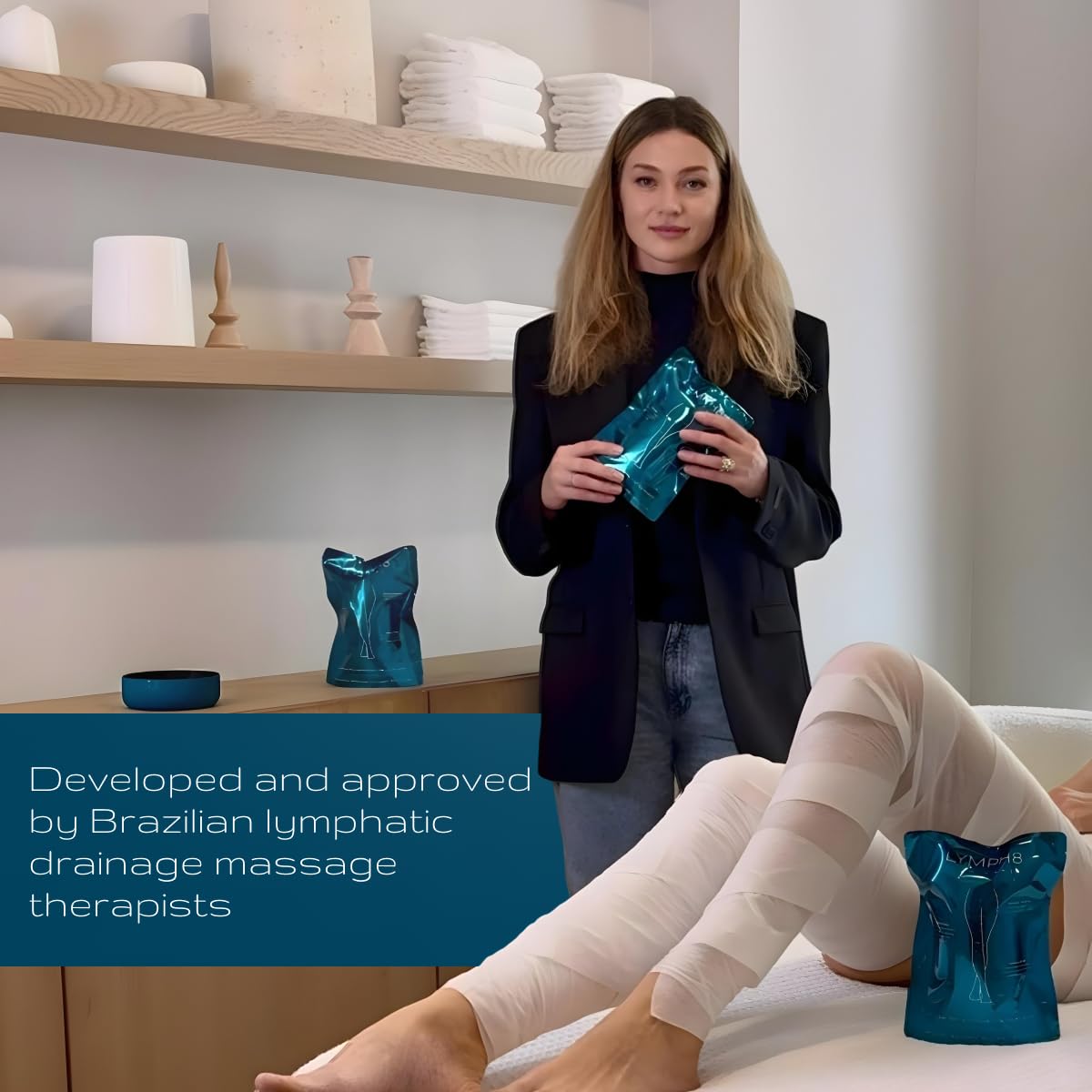 LYMPH8 Body Wrap Lymphatic Drainage & Sculpting. Cooling Effect for Legs & Stomach. Tones, Firms & Reduces Puffiness | 40 ft Pre-Soaked Wrap | Caffeine, Niacinamide, Algae Extract & Menthol