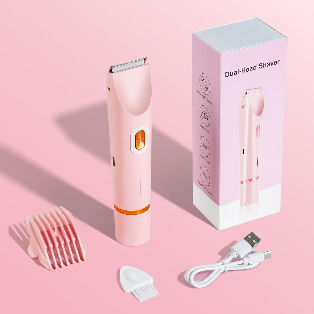 Smopgn Dermave Bikini Shaver, Bikini Trimmer for Women, 2 in 1 Dual Head Painless Electric Razors for Silk Skin, Cordless & Waterproof Electric Trimmer for Women, Pink