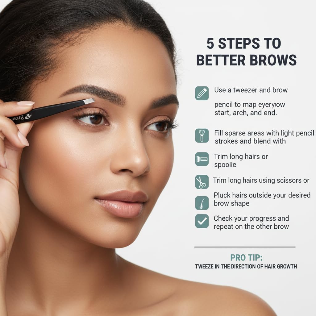 BrowVella Precision Slant Tip Tweezers for Eyebrows - Black